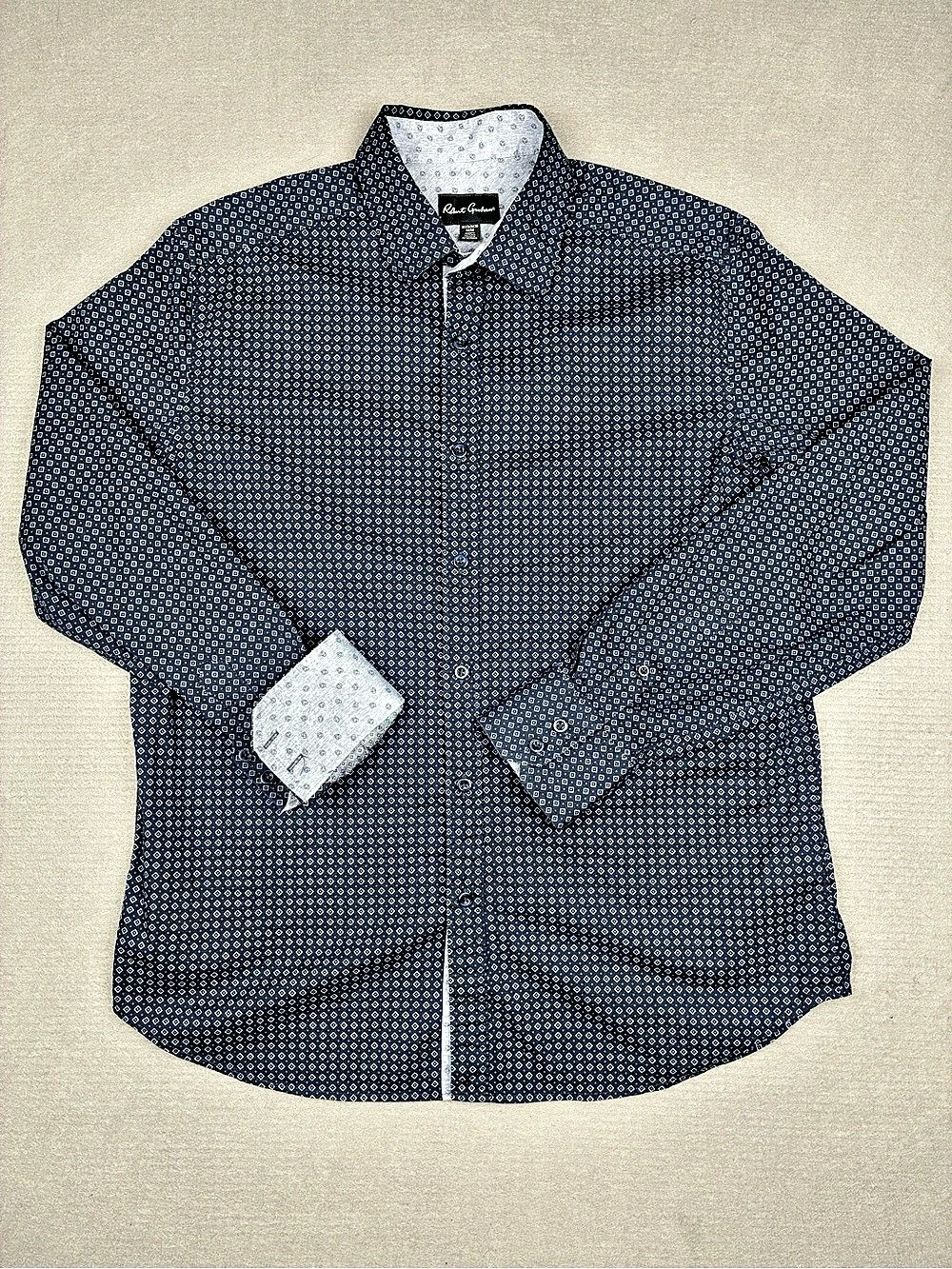 Robert Graham Mens Medium Geometric Cotton Long Sleeve Navy Blue Dress Shirt
